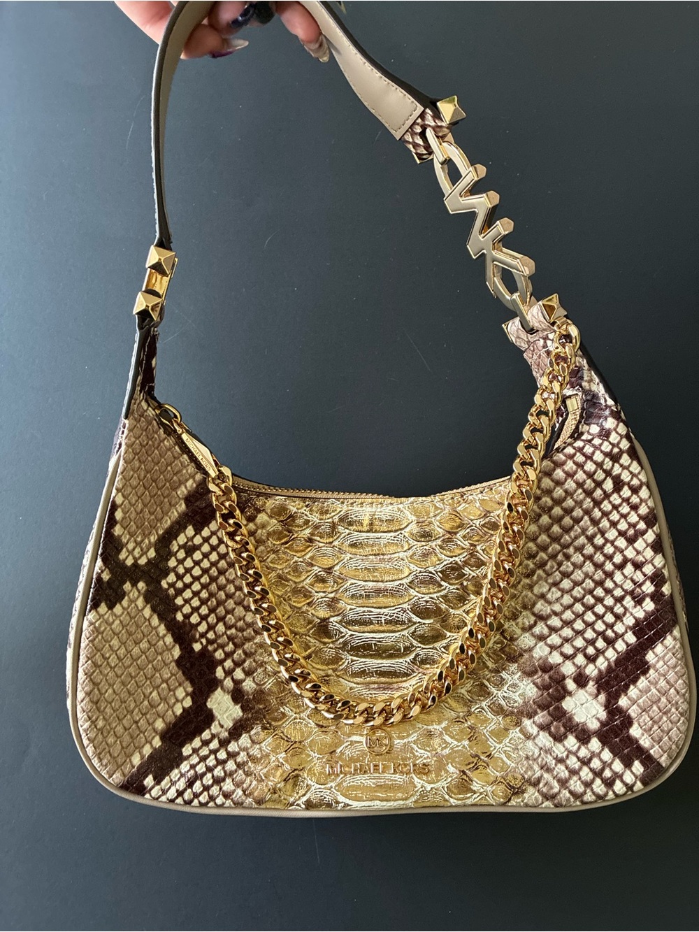 Michael Kors Piper Python Embossed Crescent Shoulder Bag Gold Chain Zip